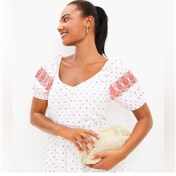 Loft Puff Sleeve Polka Dot Embroidered Tiered Dressb Size S Boho - Picture 3 of 14